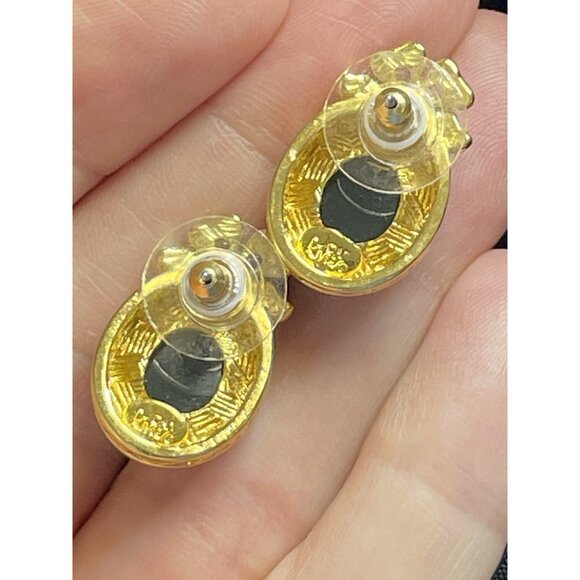 JOAN RIVERS Green Egg Shape Rhinestone Bow Gold-Tone Brooch Earrings Rare Set - Picture 12 of 16